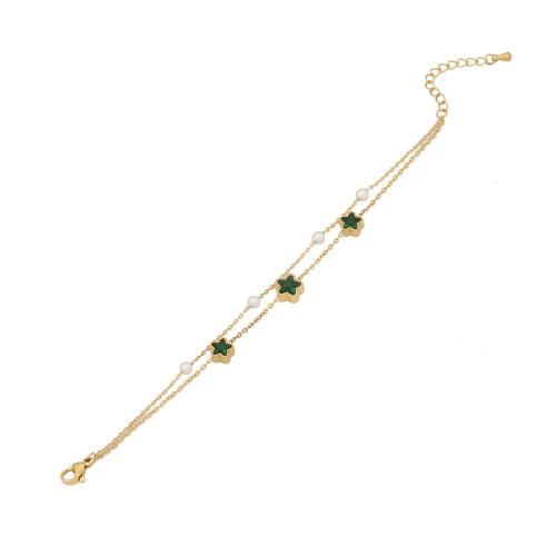 304 Stainless Steel Bracelet, with Glass & Plastic Pearl, with 1.6inch extender chain, gold color plated, Double Layer & different styles for choice & for woman, Length:Approx 6.3 Inch, Sold By PC