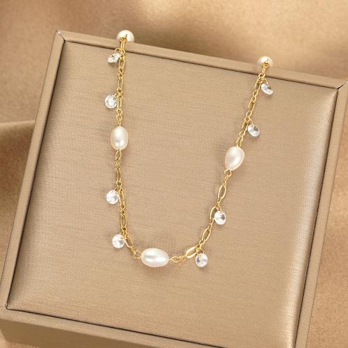 Stainless Steel Jewelry Necklace 304 Stainless Steel with Plastic Pearl fashion jewelry & for woman & with rhinestone Length Approx 45 cm Sold By PC