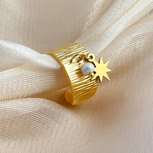 Stainless Steel Finger Ring, 304 Stainless Steel, with Plastic Pearl, 18K gold plated, fashion jewelry & for woman, golden, diameter 18mm, Sold By PC