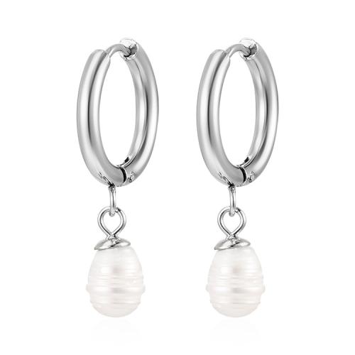 Huggie Hoop Drop Earring, 304 Stainless Steel, with Freshwater Pearl, Vacuum Ion Plating, fashion jewelry & for woman, more colors for choice, 17.20x31.20mm, Sold By Pair