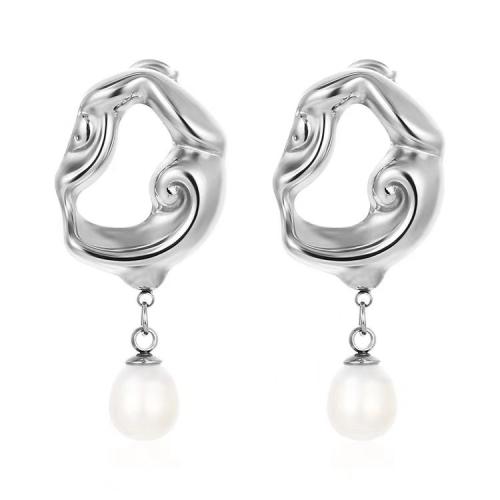 Stainless Steel Drop Earring, 304 Stainless Steel, with Freshwater Pearl, Vacuum Ion Plating, fashion jewelry & for woman, more colors for choice, 18.50x40.40mm, Sold By Pair