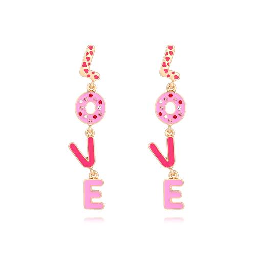 Tibetan Style Drop Earrings, Alphabet Letter, plated, fashion jewelry & enamel & with rhinestone, pink, nickel, lead & cadmium free, 13x66mm, Sold By Pair