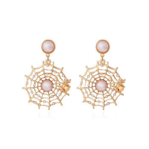 Tibetan Style Stud Earring, with Plastic Pearl, Spider Web, plated, fashion jewelry, golden, nickel, lead & cadmium free, 42x60mm, Sold By Pair