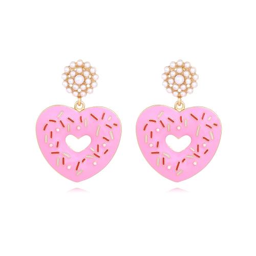 Zinc Alloy Drop Earrings with Plastic Pearl Heart plated fashion jewelry & enamel pink nickel lead & cadmium free Sold By Pair
