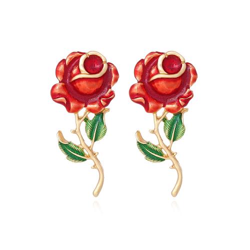Tibetan Style Stud Earring, Rose, plated, fashion jewelry & enamel, red, nickel, lead & cadmium free, 28x59mm, Sold By Pair