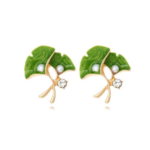 Tibetan Style Stud Earring, with Plastic Pearl, Leaf, plated, fashion jewelry & enamel & with rhinestone, green, nickel, lead & cadmium free, 30x35mm, Sold By Pair