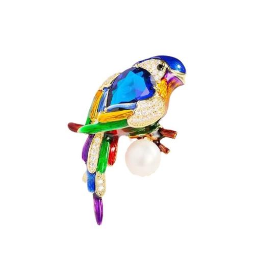 Zinc Alloy Brooches with Plastic Pearl Parrot plated for woman & enamel & with rhinestone Sold By PC