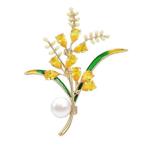 Tibetan Style Brooches, with Plastic Pearl, plated, micro pave cubic zirconia & for woman & enamel, more colors for choice, 53x43mm, Sold By PC
