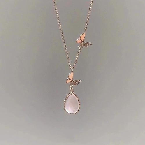 Zinc Alloy Jewelry Necklace with Pink Calcedony plated for woman rose gold color Length Approx 51-60 cm Sold By PC