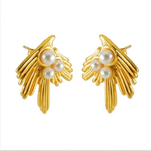 Edelstahl Ohrringe, 304 Edelstahl, mit Kunststoff Perlen, 18K vergoldet, Modeschmuck & für Frau, goldfarben, 26x21mm, verkauft von Paar