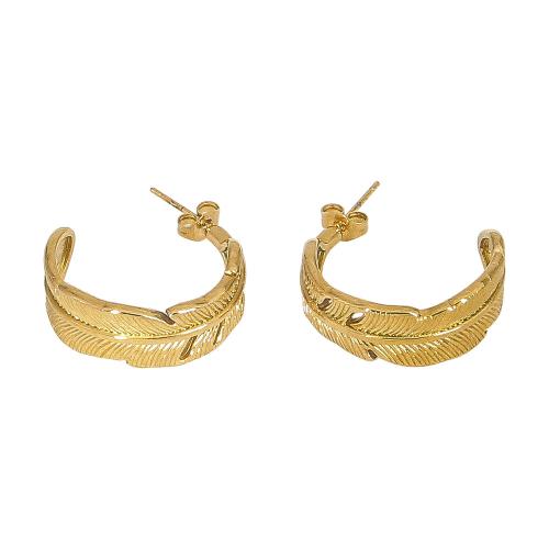 Boucle d'oreille de gaujon en acier inoxydable, Acier inoxydable 304, forme de plume, bijoux de mode & pour femme, doré, 26mm, Vendu par paire