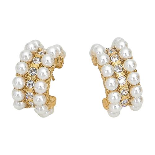 Stainless Steel Stud Earrings 304 Stainless Steel with Plastic Pearl fashion jewelry & for woman & with rhinestone golden 23mm Sold By Pair