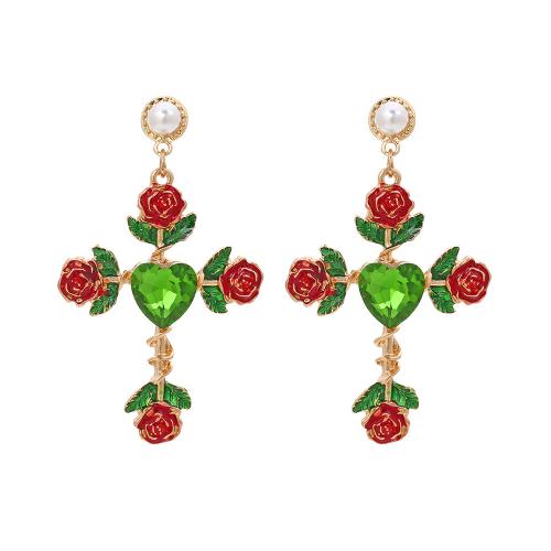 Zinc Alloy Drop Earrings with Plastic Pearl Cross plated fashion jewelry & enamel & with rhinestone nickel lead & cadmium free Sold By Pair