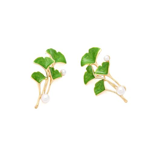 Zinc Alloy Stud Earring with Plastic Pearl Ginkgo Leaf plated fashion jewelry & enamel green nickel lead & cadmium free Sold By Pair