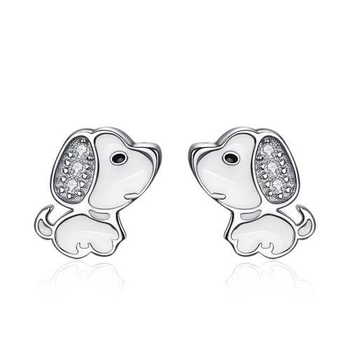 Cubic Zirconia Micro Pave Sterling Silver Earring, 925 Sterling Silver, Dog, micro pave cubic zirconia & for woman & epoxy gel, platinum color, 6x8.50mm, Sold By Pair