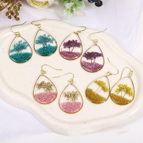 Pressed Dried Flower Jewelry , Brass, with Dried Flower & Resin, epoxy gel, for woman, more colors for choice, 26x35mm, Sold By Pair