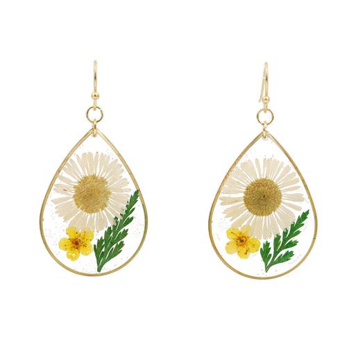Pressed Dried Flower Jewelry , Brass, with Dried Flower & Resin, epoxy gel, for woman, golden, 20x50mm, Sold By Pair