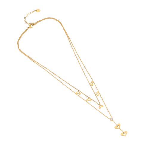 304 Stainless Steel Necklace, gold color plated, Double Layer & different styles for choice & for woman & with rhinestone, Length:Approx 15.4 Inch, Approx 17.3 Inch, Sold By PC