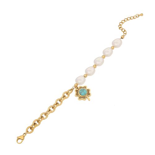 304 Stainless Steel Bracelet with turquoise & Plastic Pearl with 1.6inch extender chain gold color plated & for woman & enamel & with rhinestone Length Approx 6.7 Inch Sold By PC