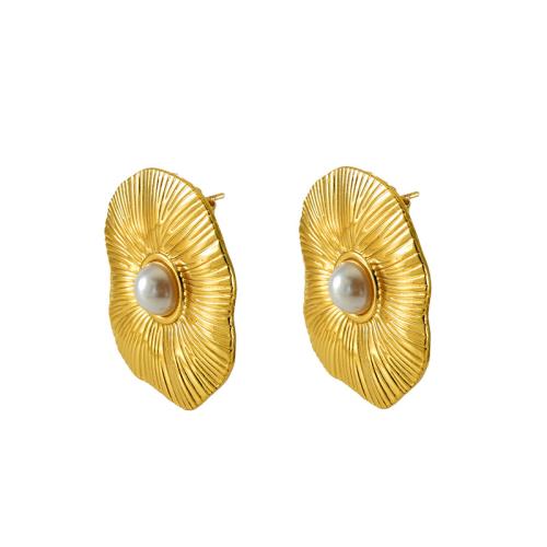 Boucle d'oreille de gaujon en acier inoxydable, Acier inoxydable 304, avec perle de plastique, Plaqué or 18K, bijoux de mode & pour femme, doré, 34x31mm, Vendu par paire