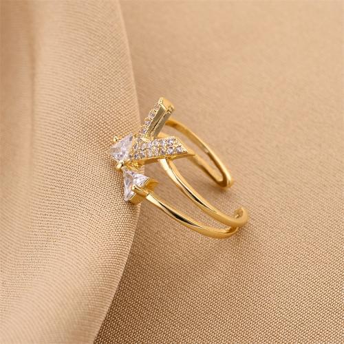 Brass Finger Ring, 18K gold plated, fashion jewelry & for woman & with rhinestone, golden, 11x8mm, Sold By PC