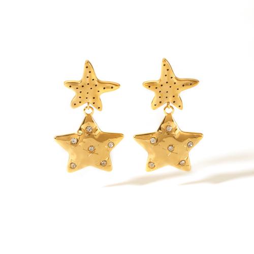 Stainless Steel Stud Earrings 304 Stainless Steel Star 18K gold plated fashion jewelry & for woman & with rhinestone golden Sold By Pair