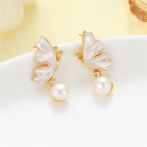 Cubic Zirconia Micro Pave Brass Earring with White Shell & Plastic Pearl Butterfly fashion jewelry & micro pave cubic zirconia & for woman Sold By Pair