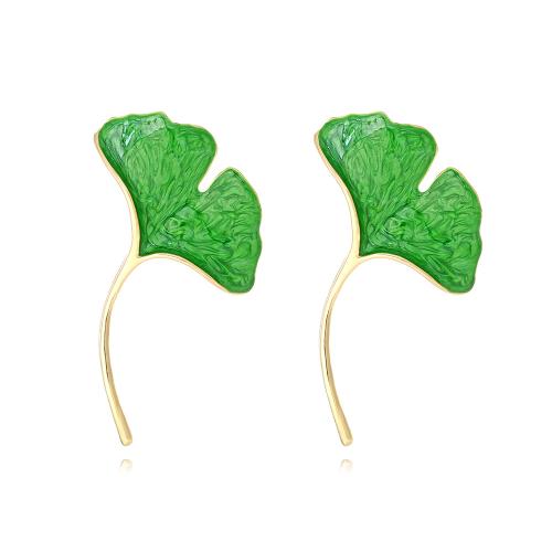 Zinc Alloy Stud Earring Ginkgo Leaf plated fashion jewelry & enamel green nickel lead & cadmium free Sold By Pair