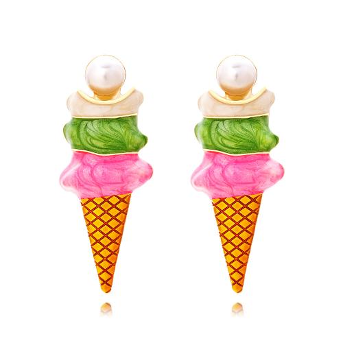 Tibetan Style Stud Earring, with Plastic Pearl, Ice Cream, plated, fashion jewelry & with rhinestone, multi-colored, 19x47mm, Sold By Pair