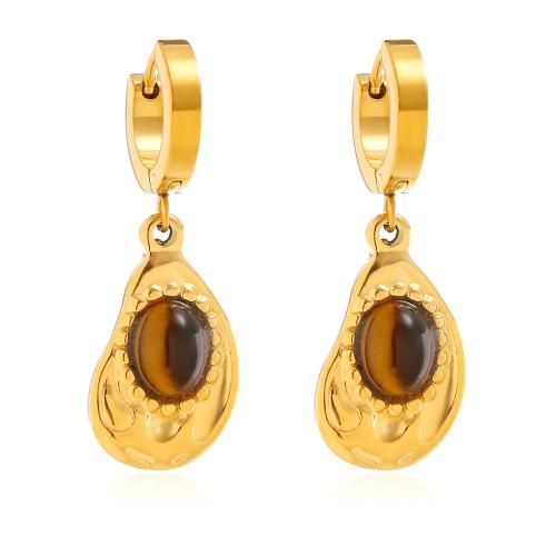 Huggie Hoop Drop Earring 304 Stainless Steel with Tiger Eye plated for woman golden Sold By Pair