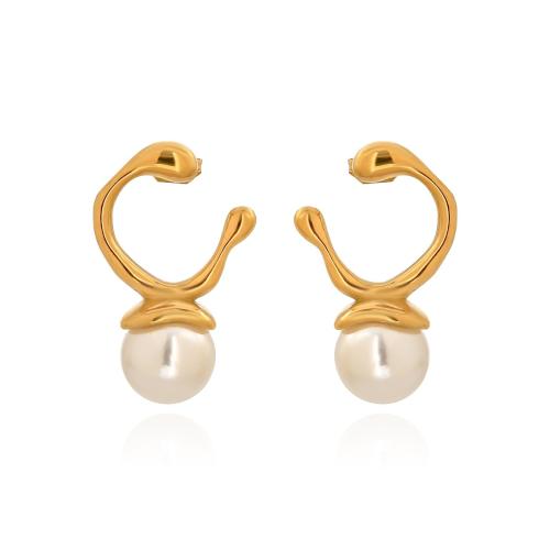 Stainless Steel Stud Earrings 304 Stainless Steel with Plastic Pearl plated for woman Sold By Pair