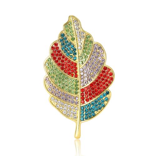 Tibetan Style Brooches, Leaf, gold color plated, fashion jewelry & for woman & with rhinestone, multi-colored, nickel, lead & cadmium free, 31x54mm, Sold By PC
