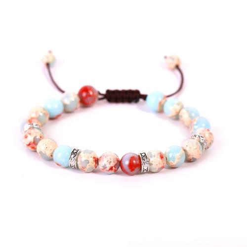 Gemstone Bracelets Natural Stone with Knot Cord & Zinc Alloy Round silver color plated Adjustable & fashion jewelry & Unisex 8mm Length Approx 18 cm Sold By PC