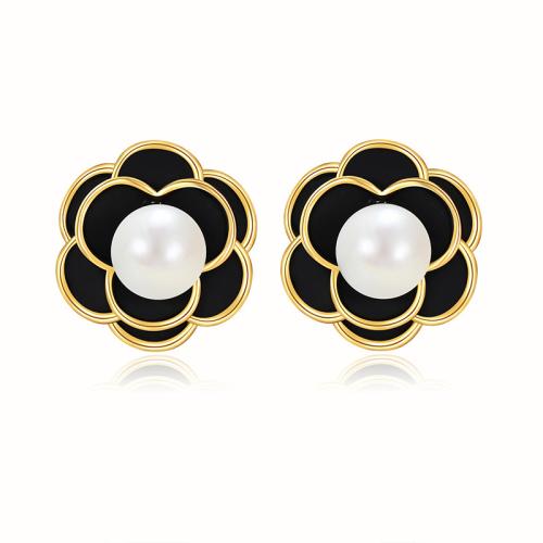 Brass Stud Earring, with Plastic Pearl, Common Camelia, fashion jewelry & for woman, 11.30mm, Sold By Pair