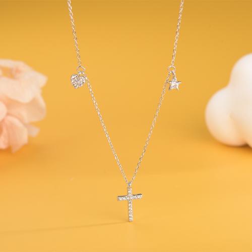 Cubic Zircon Micro Pave 925 Sterling Silver Necklace, Cross, fashion jewelry & micro pave cubic zirconia & for woman, more colors for choice, Length:Approx 45 cm, Sold By PC