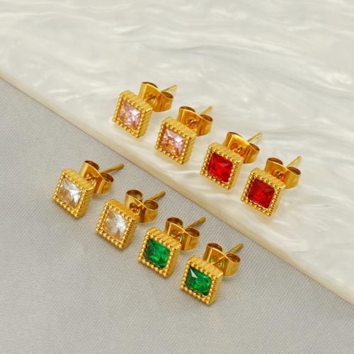 Stainless Steel Stud Earrings, 304 Stainless Steel,  Square, 18K gold plated, fashion jewelry & micro pave cubic zirconia & for woman, golden, 7mm, Sold By Pair