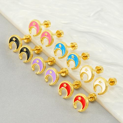 Stainless Steel Stud Earrings 304 Stainless Steel Moon 18K gold plated fashion jewelry & for woman & enamel Sold By Pair
