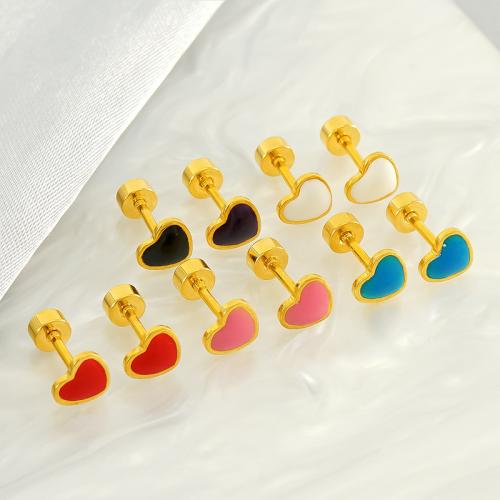 Stainless Steel Stud Earrings 304 Stainless Steel Heart 18K gold plated fashion jewelry & for woman & enamel 6mm Sold By Pair
