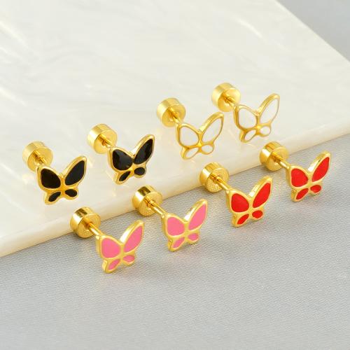 Stainless Steel Stud Earrings, 304 Stainless Steel, Butterfly, 18K gold plated, fashion jewelry & for woman & enamel, more colors for choice, 8x6mm, Sold By Pair