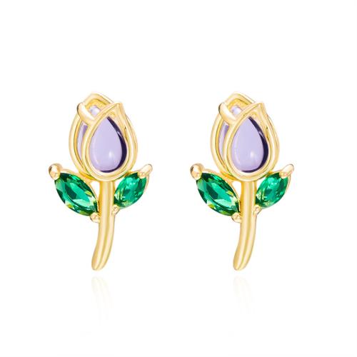 Brass Stud Earring with Glass Flower gold color plated for woman nickel lead & cadmium free Sold By Pair