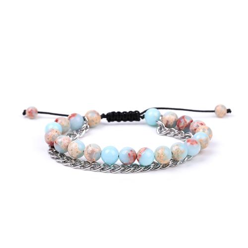Gemstone Bracelets, with Nylon Cord & 304 Stainless Steel, fashion jewelry & different materials for choice, more colors for choice, 8mm, Length:18.5 cm, Sold By PC