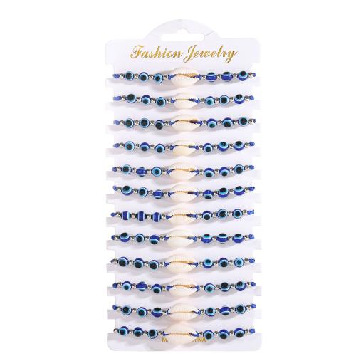 Bracelet Evil Eye bijoux, résine, avec Fil de coton & coquille, fait à la main, bijoux de mode & unisexe, bleu, 200x100x2mm, 12PC/fixé, Vendu par fixé