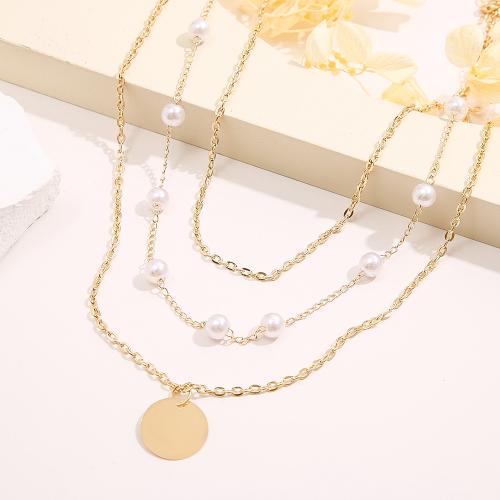 Zinc Alloy Jewelry Necklace with Crystal & Plastic Pearl three layers & fashion jewelry & for woman golden Sold By PC