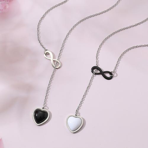 Stainless Steel Jewelry Necklace, 304 Stainless Steel, with Resin Rhinestone & Tibetan Style, with 5cm extender chain, polished, 2 pieces & for woman, white and black, Length:45 cm, Sold By PC