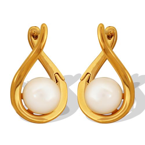 Boucle d'oreille Acier Titane, avec perle d'eau douce cultivée, Placage, bijoux de mode, doré, 13x20mm, Vendu par paire