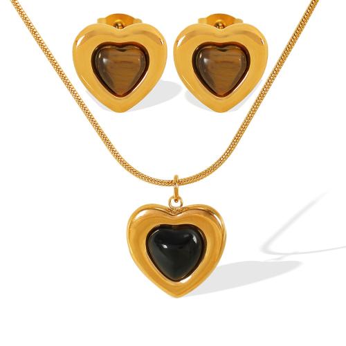 Jewelry Sets Titanium Steel with Glass Stone & Tiger Eye Heart plated fashion jewelry golden Sold By PC