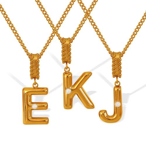 Titanium Steel Necklace with Glass Beads Alphabet Letter plated fashion jewelry golden Length 40 cm Sold By PC