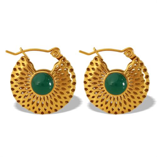 Boucle d'oreille Acier Titane, avec aventurine vert, Placage, bijoux de mode, doré, 19x19mm, Vendu par paire