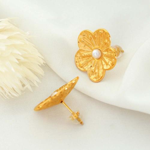 Boucle d'oreille Acier Titane, avec perle de plastique, fleur, Placage, bijoux de mode, doré, 22.40x21.90mm, Vendu par paire