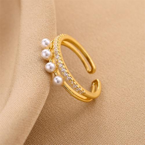 Cubic Zirconia Micro Pave Brass Ring, with Plastic Pearl, 18K gold plated, fashion jewelry & micro pave cubic zirconia & for woman, golden, US Ring Size:7, Sold By PC